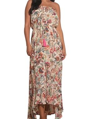 elan striped convertible strapless maxi dress fitted lace wedding dress Elan Khaki White Stripe Spaghetti Strap Maxi Dress-Maria Vincent Boutique